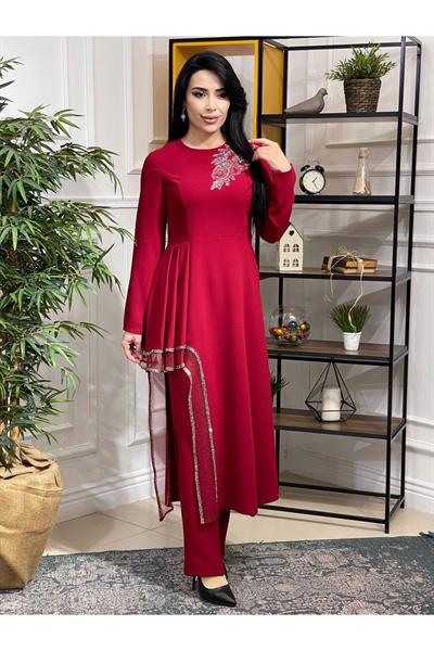 Taş Pile Tunik Takım 22tk37 Kırmızı