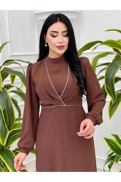 Taş Şerit Kalem Elbise 9373 Kahverengi