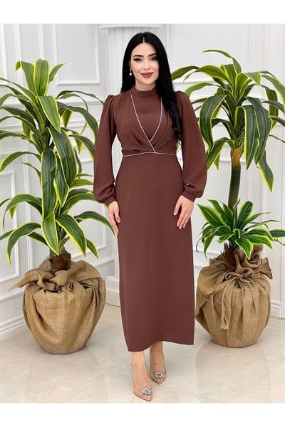 Taş Şerit Kalem Elbise 9373 Kahverengi