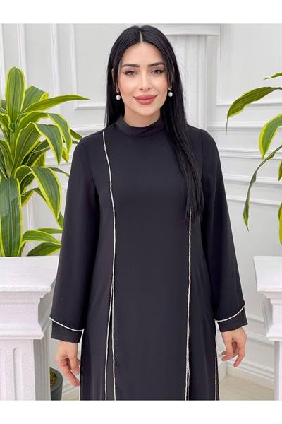 Taş Şerit Şifon Detay Elbise 4337 Siyah