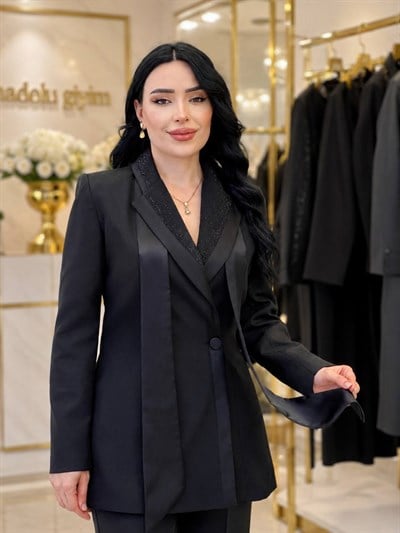 Taş Yaka Pantolonlu Takım 3033 T-26 Siyah