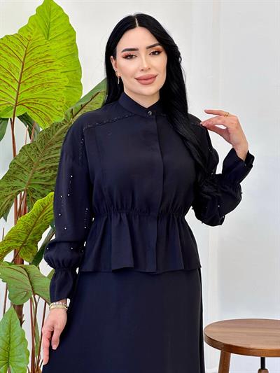 Taşlı Fır Fır Detay Etekli Takım 091 Siyah