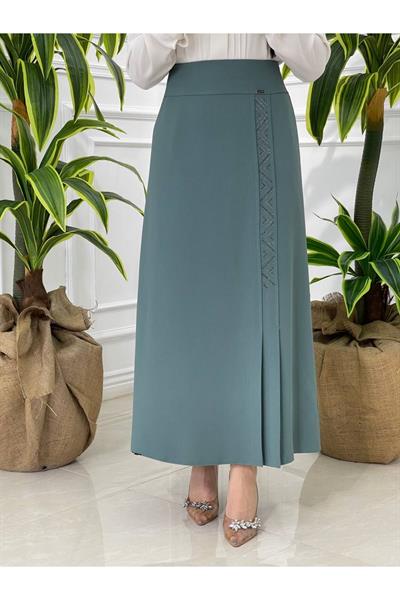 Taşlı Kalem Etek 601-Mint yeşili
