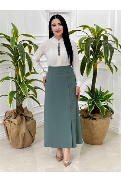 Taşlı Kalem Etek 601-Mint yeşili