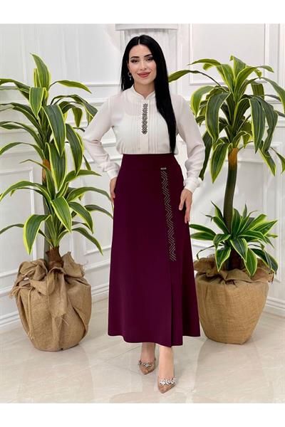 Taşlı Kalem Etek 601-Mürdüm