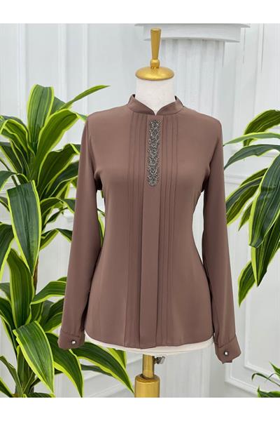 Taşlı Kısa Gömlek 769-Kahverengi