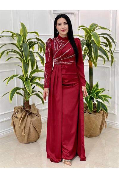 Taşlı Saten Kalem Abiye 4175 Bordo