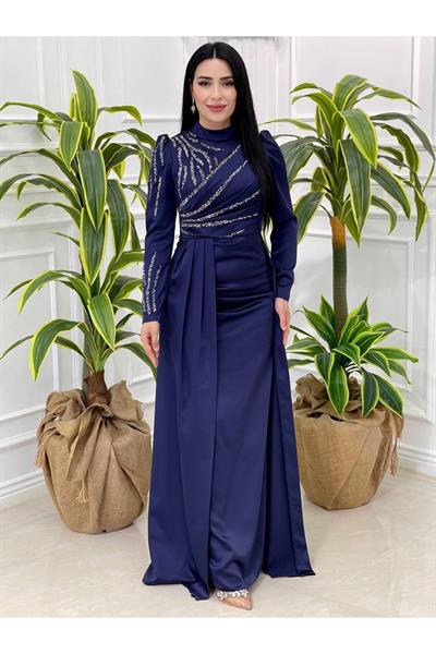 Taşlı Saten Kalem Abiye 4175 Lacivert