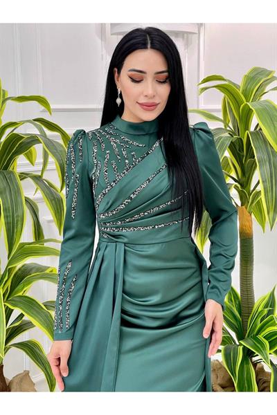 Taşlı Saten Kalem Abiye 4175 Zümrüt Yeşil