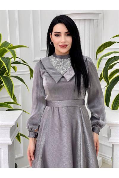 Taşlı Yaka Detay Jan Jan Elbise 3850 Gri