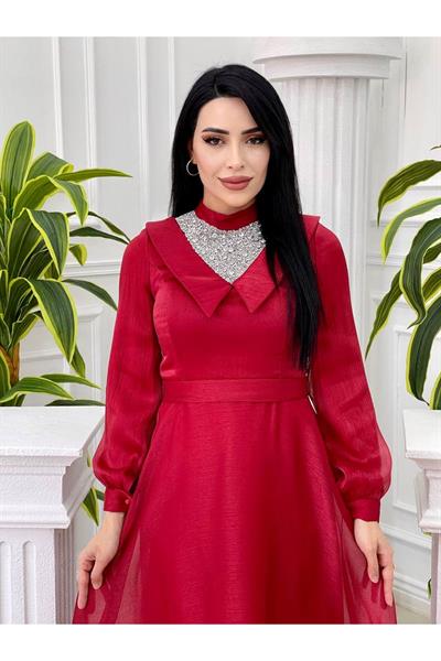 Taşlı Yaka Detay Jan Jan Elbise 3850-Kırmızı