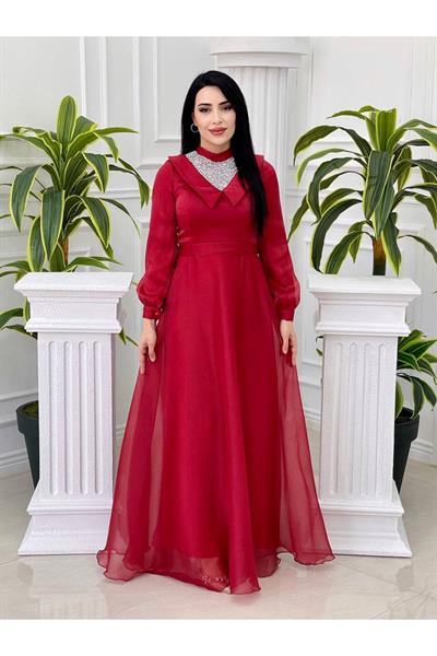 Taşlı Yaka Detay Jan Jan Elbise 3850-Kırmızı