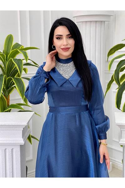 Taşlı Yaka Detay Jan Jan Elbise 3850 Mavi