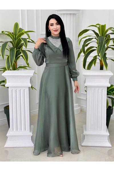 Taşlı Yaka Detay Jan Jan Elbise 3850 Yeşil