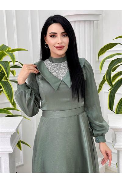 Taşlı Yaka Detay Jan Jan Elbise 3850 Yeşil