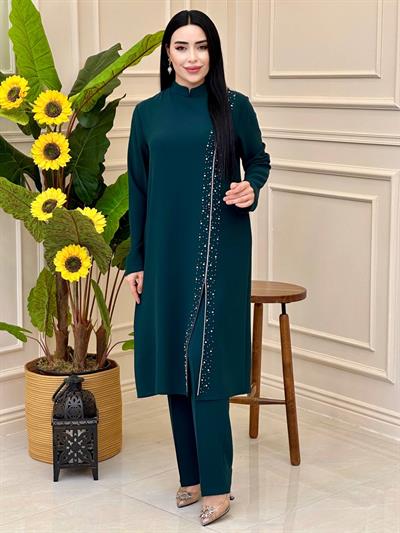Taşlı Yırtmaç Detay ikili Takım 1028 t025 Zümrüt Yeşil