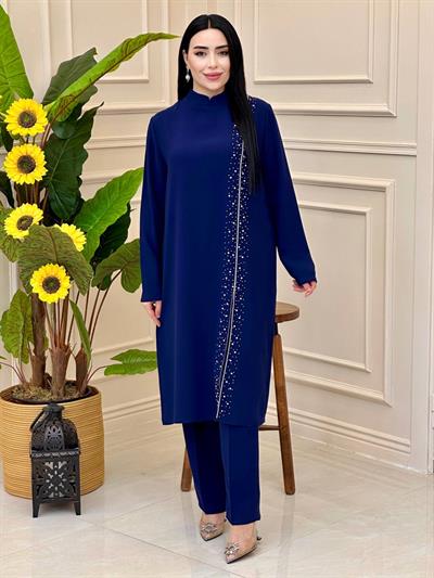 Taşlı Yırtmaç Detay ikili Takım 1028 t025 Saks