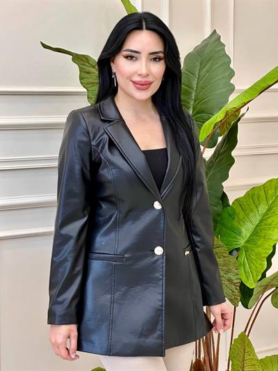 Tek Düğme Kemerli Deri Ceket 0158 t-24 Siyah