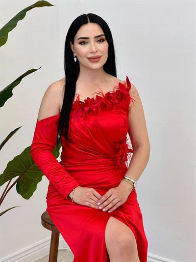 Tek Kol Saten Abiye 4832 Kırmızı