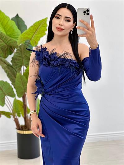 Tek Kol Saten Abiye 4832 Lacivert