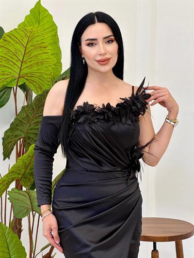 Tek Kol Saten Abiye 4832 Siyah