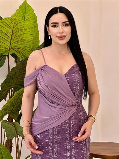 Tek Omuz Bant İşleme Abiye 4854 Leylak