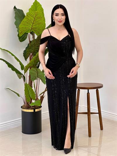 Tek Omuz Bant İşleme Abiye 4854 Siyah