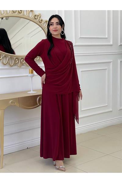 Tek Omuz Detay Abiye Elbise 3291 Bordo