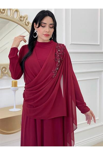 Tek Omuz Detay Abiye Elbise 3291 Bordo