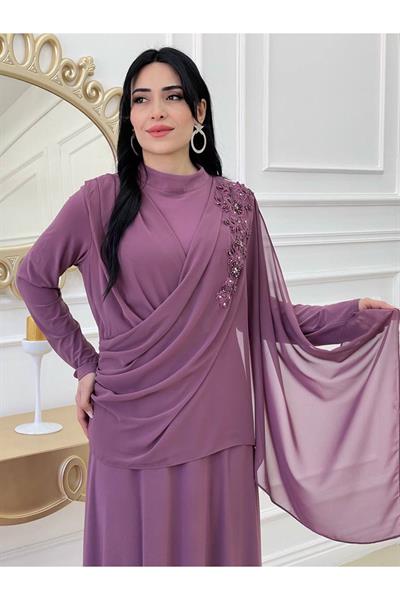 Tek Omuz Detay Abiye Elbise 3291 Leylak