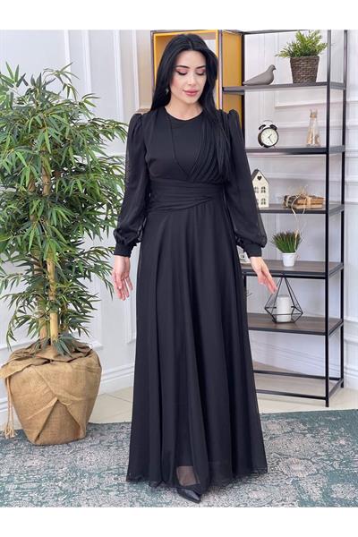 Tek Omuz Drape Jan Jan Elbise 12370 Siyah