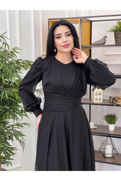 Tek Omuz Drape Jan Jan Elbise 12370 Siyah