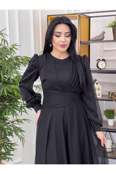 Tek Omuz Drape Jan Jan Elbise 12370 Siyah