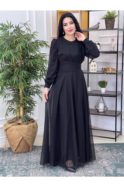 Tek Omuz Drape Jan Jan Elbise 12370 Siyah
