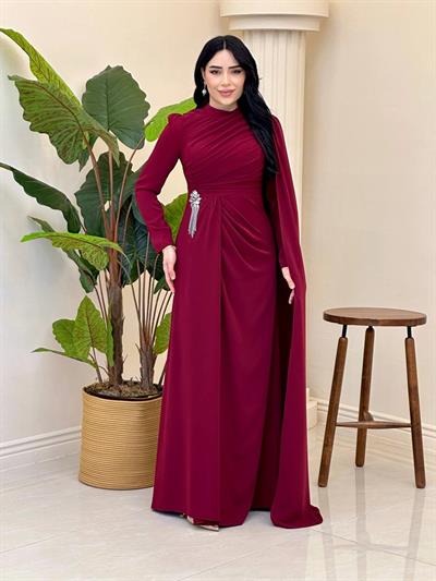 Tek Omuz Pelerin Bel Detay Abiye 5467 T-25 Bordo