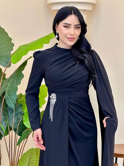 Tek Omuz Pelerin Bel Detay Abiye 5467 T-25 Siyah