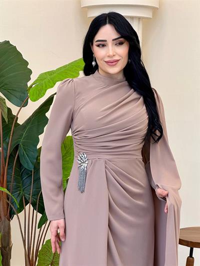 Tek Omuz Pelerin Bel Detay Abiye 5467 T-25 Vizon