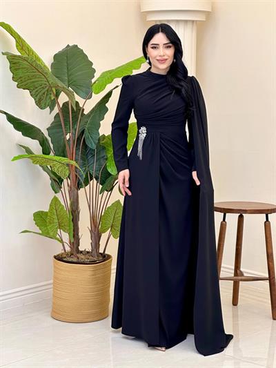 Tek Omuz Pelerin Bel Detay Abiye 5467 T-25 Siyah
