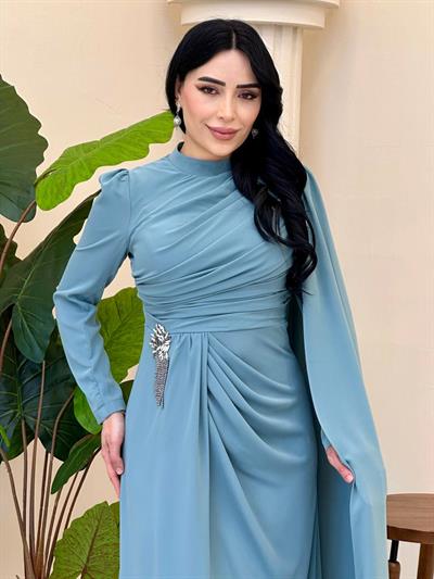 Tek Omuz Pelerin Bel Detay Abiye 5467 T-25 Mint yeşili