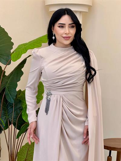 Tek Omuz Pelerin Bel Detay Abiye 5467 T-25 Bej