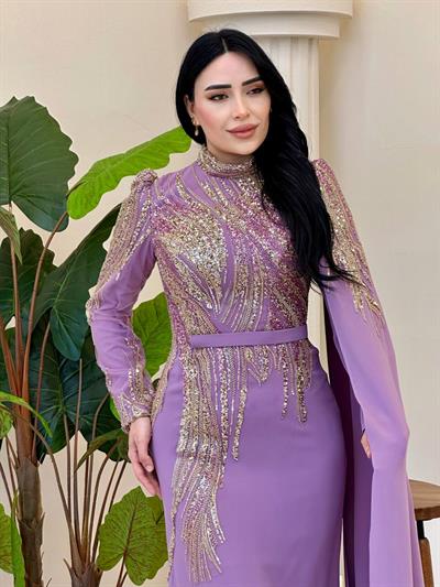 Tek Omuz Pelerin İşlemeli Abiye 5142 T-25 Lila