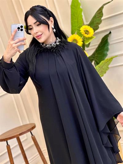 Tek Omuz Pelerin Krep Elbise 4693 E-025 Siyah