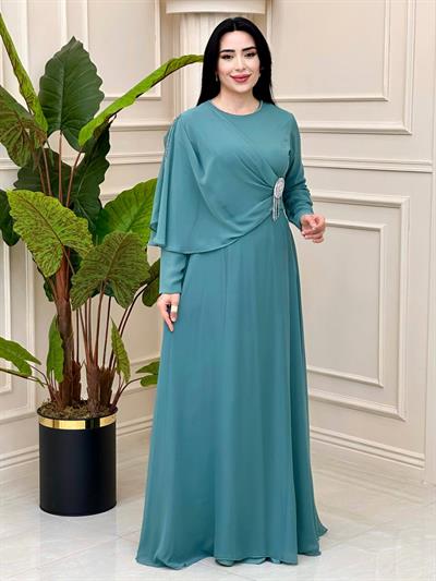 Tek Omuz Pelerin Şifon Elbise 1038 t-24 Mint yeşili