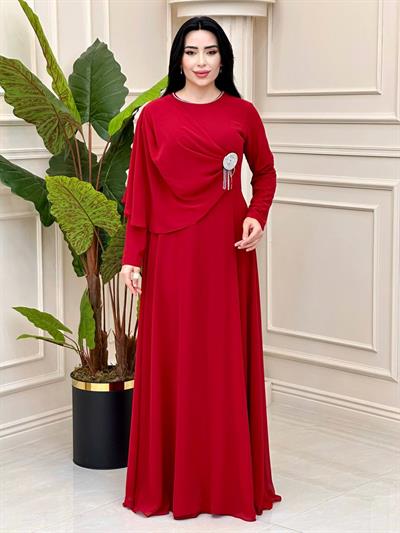 Tek Omuz Pelerin Şifon Elbise 1038 t-24 Bordo