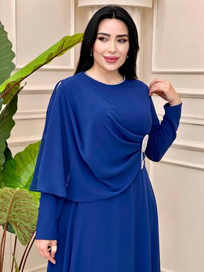 Tek Omuz Pelerin Şifon Elbise 1038 t-24 Lacivert
