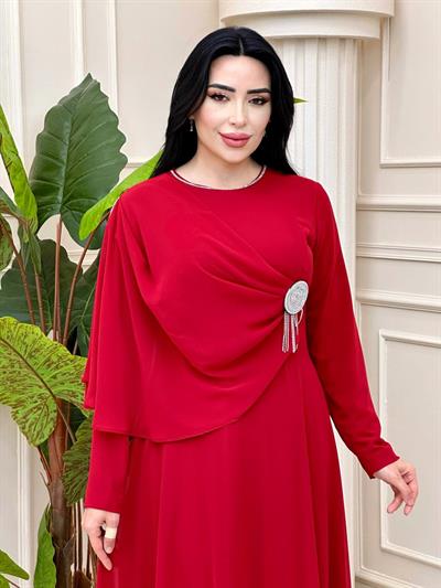 Tek Omuz Pelerin Şifon Elbise 1038 t-24 Bordo