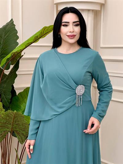Tek Omuz Pelerin Şifon Elbise 1038 t-24 Mint yeşili