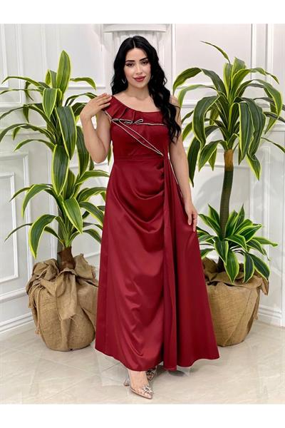 Tek Omuz Saten Abiye 2458 Bordo