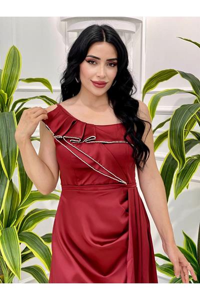 Tek Omuz Saten Abiye 2458 Bordo