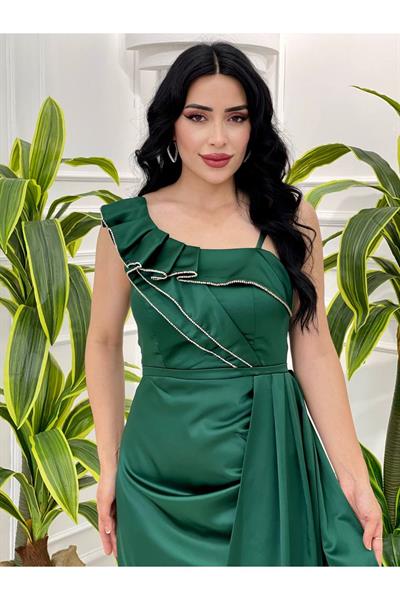 Tek Omuz Saten Abiye 2458 Yeşil